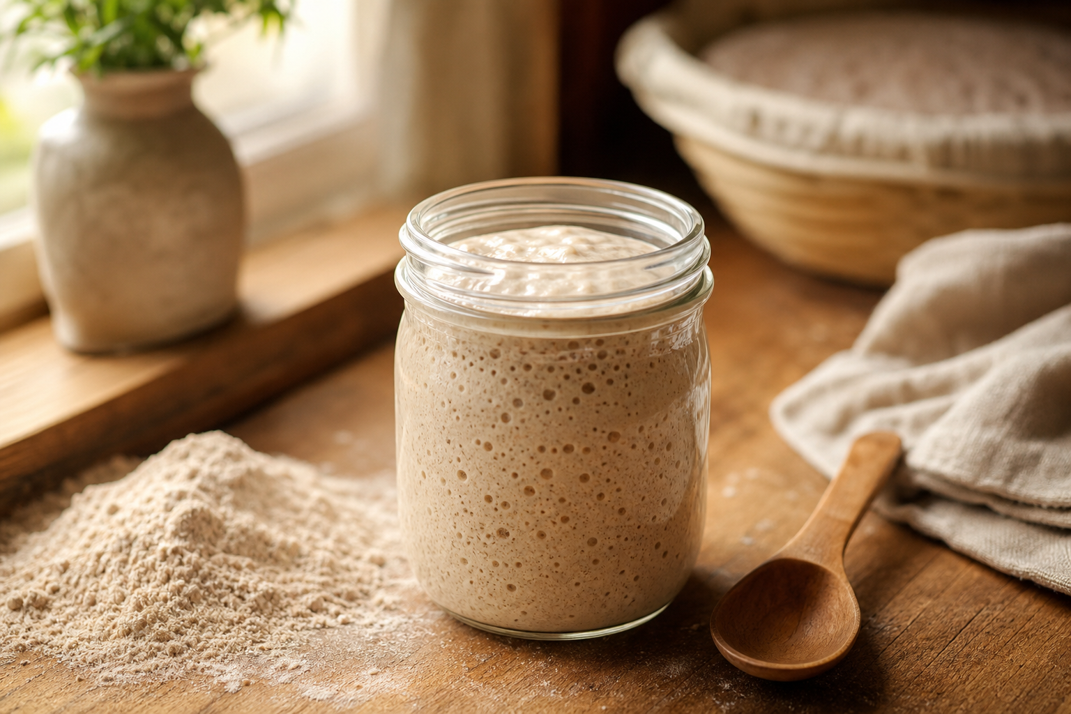 Small glass jar of bubbly sourdough starter being built from scratch
